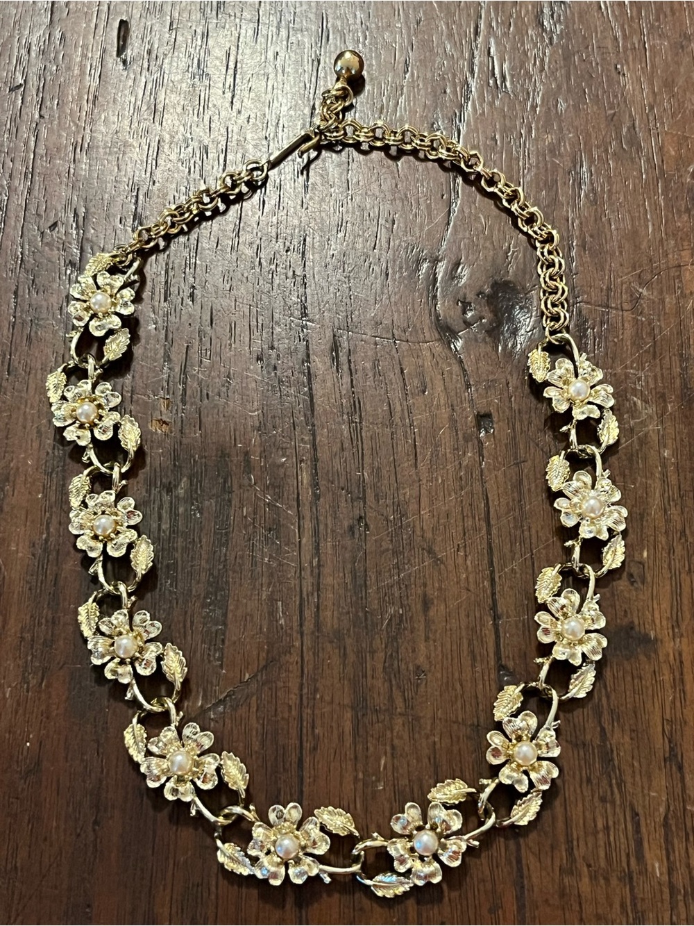 VTG 1950s Signed Coro Gold Tone Floral Faux Pearl Statement Choker Necklace
